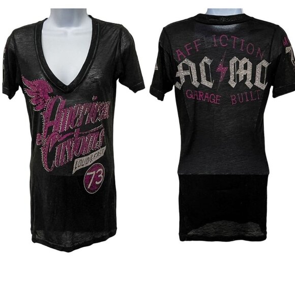 Affliction American Graphic Rhinestone Studded Speedway Burnout VNeck Tshirt Top - Picture 1 of 6